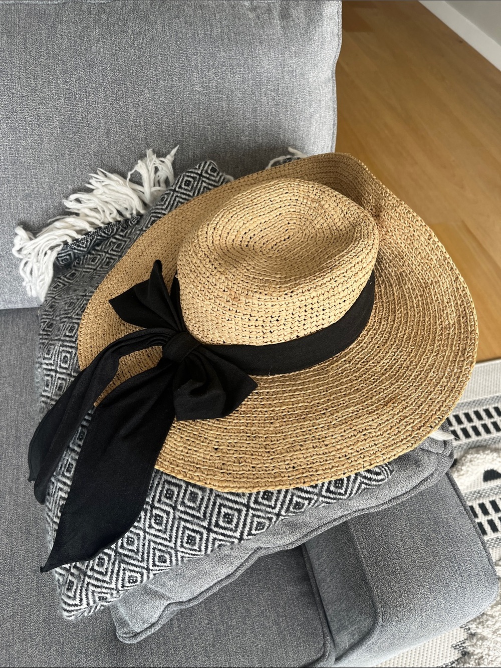 Wide-Brim Straw Sun Hat with Black Ribbon
